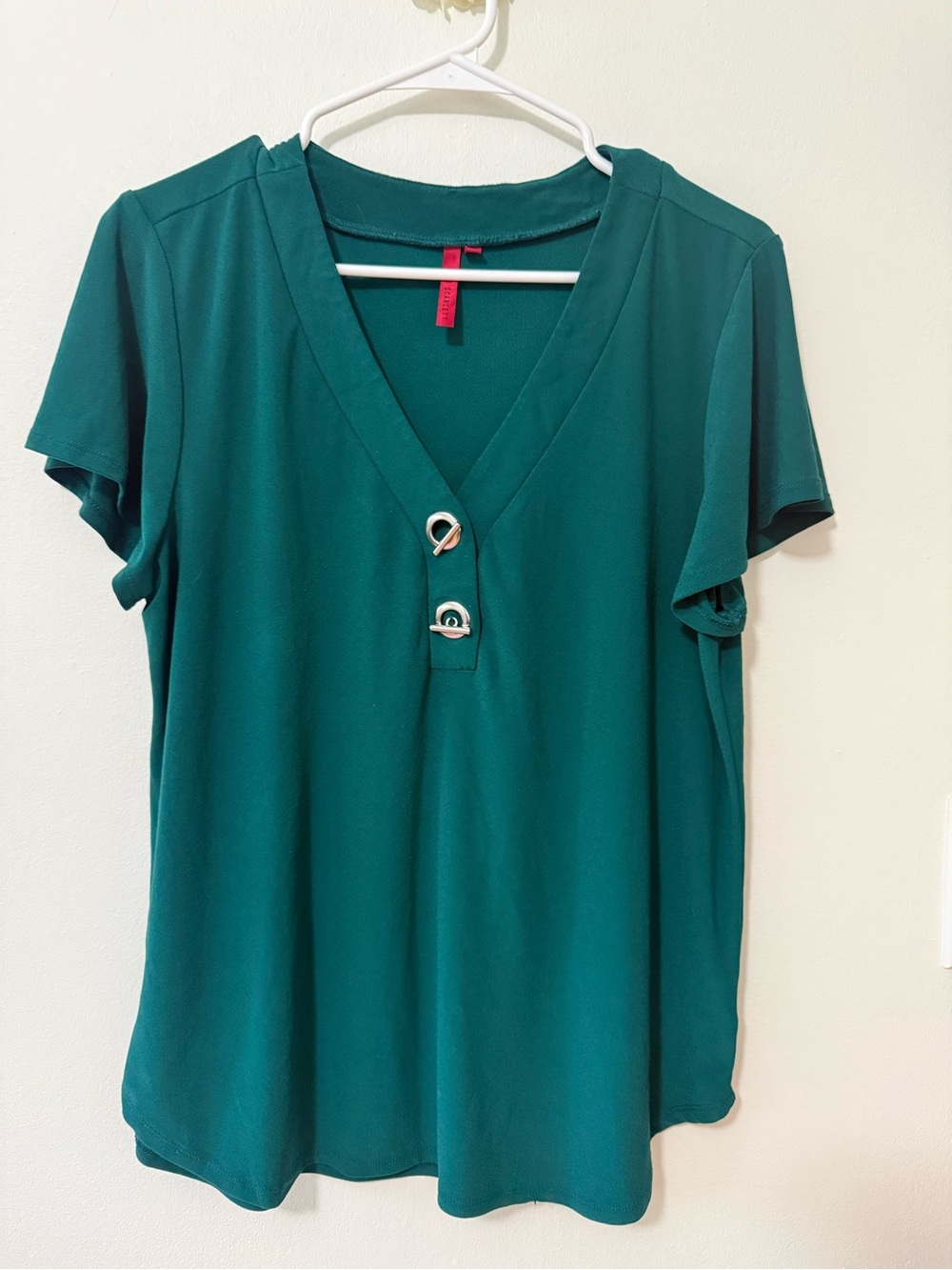 Scarlett Teal V-Neck Short Sleeve Blouse with Silver Accent Buttons